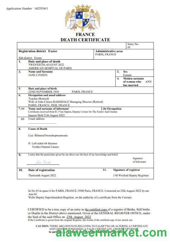 France vital record death certificate Word and PDF template